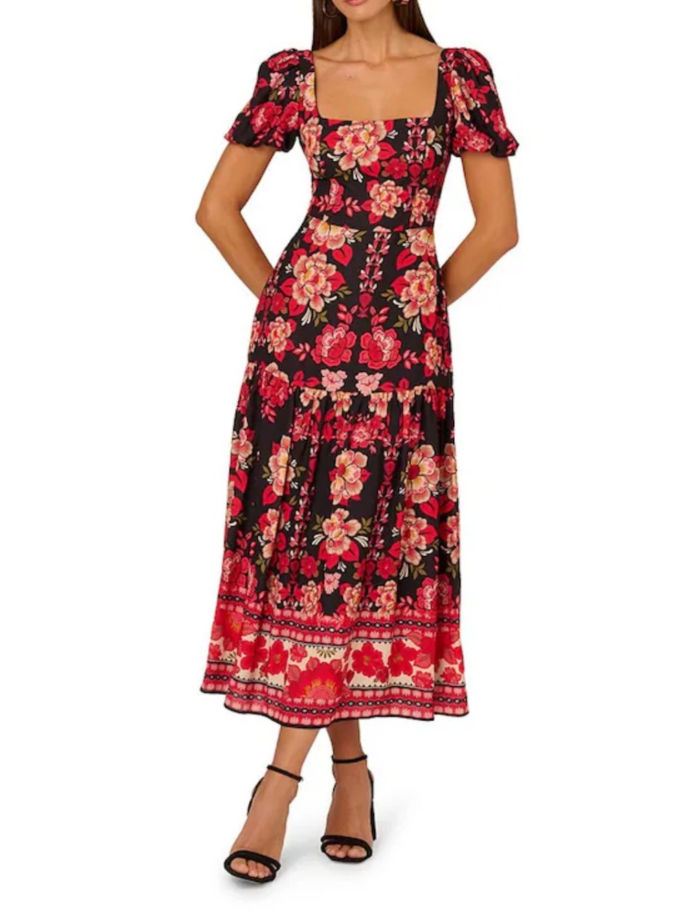 Adrianna Papell Red Floral Print Puff Sleeve Midi Dress - 14 - Picture 1 of 16